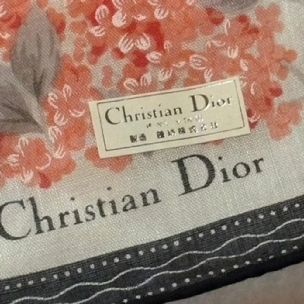 VTG CHRISTIAN DIOR Scarf Handkerchief Floral Polka Dot Cotton White Coral 18.5